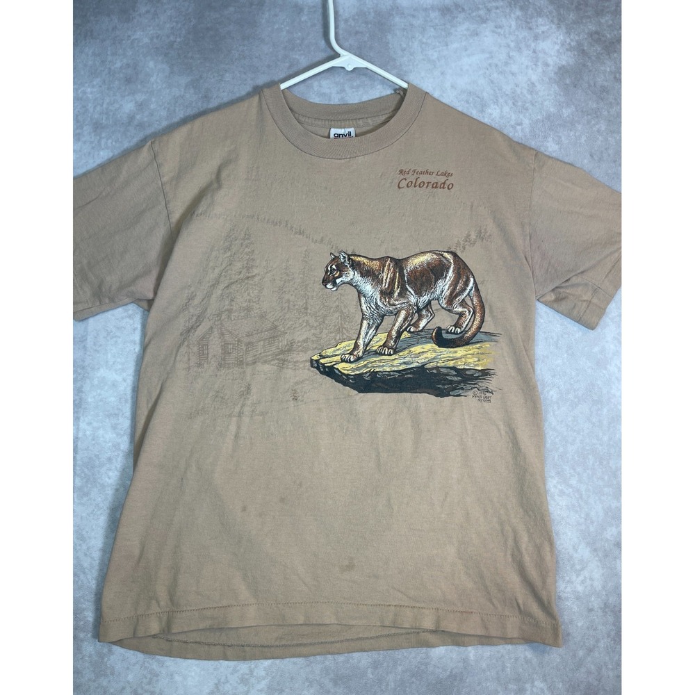 VINTAGE Mountain Lion Shirt Mens Large Brown Tee Nature Colorado USA Made 90s - Picture 3 of 14